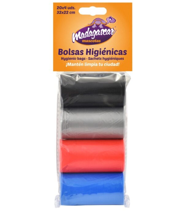 BOLSAS HIGIENICAS 4 ROLLOS DE 20 BOLSAS NEGR/PLATA/ROJO/AZ